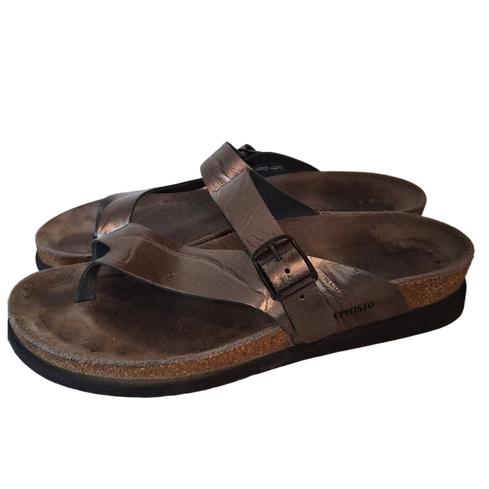 Mephisto Sandals Women 9.5 /40 Silver Helen Metallic Pewter Leather Buckle Thong - Picture 3 of 9